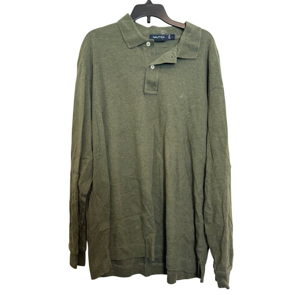 Nautica Mens Green Polo Shirt L Long Sleeve Cotton